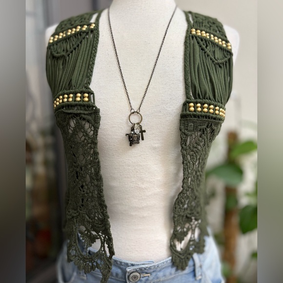 U-style Olive Green Macrame Crochet Gold Tone Beaded Festival Ready Cropped Vest - Picture 2 of 8